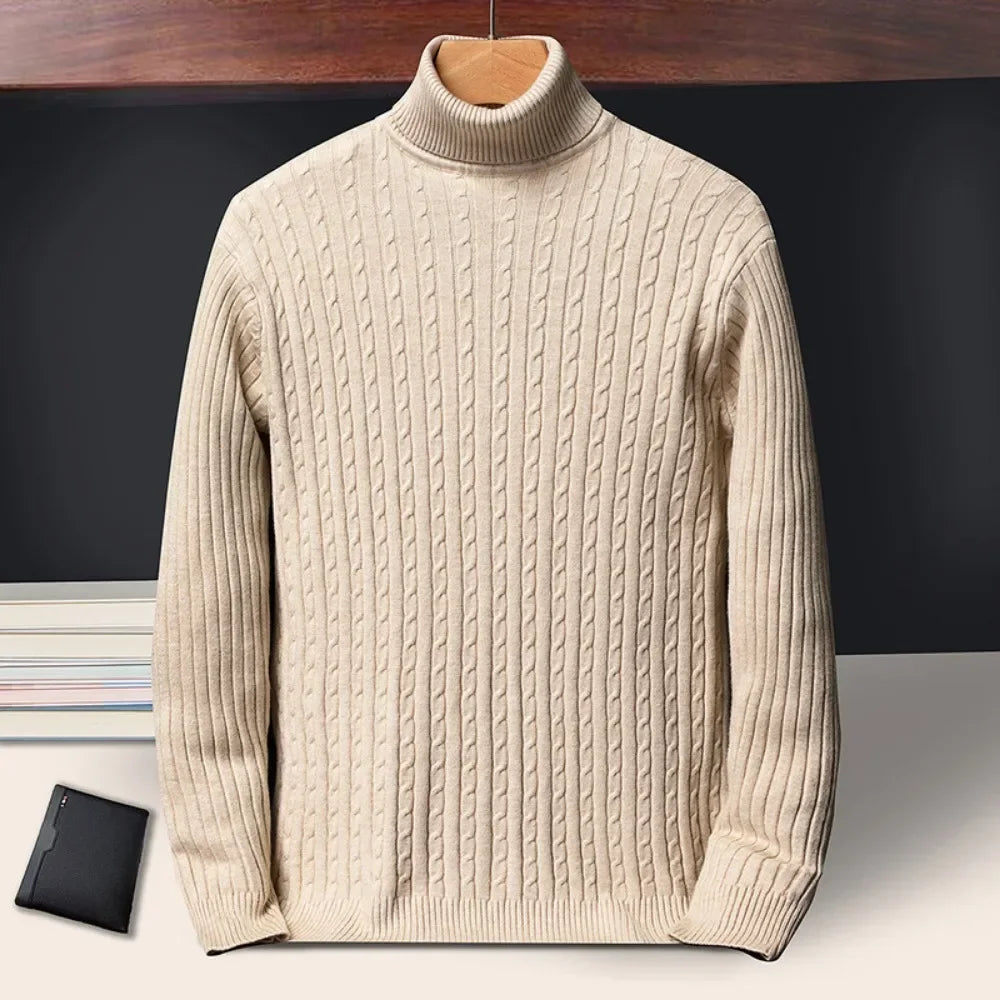 Autumn Winter New Men's Roll neck Sweaters Knitted Jacquard Pullover Warmth Long Sleeved Solid Color Classic Casual Clothing.