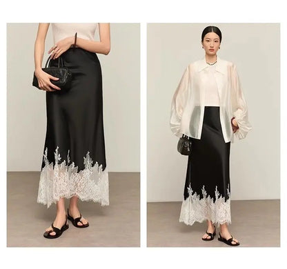 Mia Girl Elegant Satin Long Skirts for Women Oversize Lace Patchwork High Waist A-line Skirt French Style Summer Chic Lady Skirt.