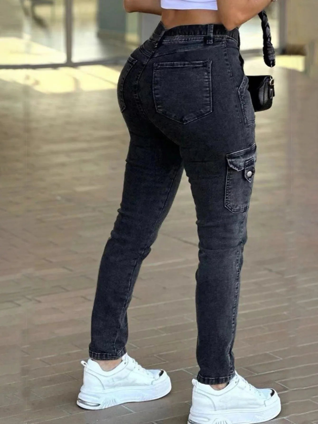 Europe and The United States Foreign Trade New Belt Women's Classic Sexy Tight Small Foot Pants High Spring Washed Cargo Jeans.