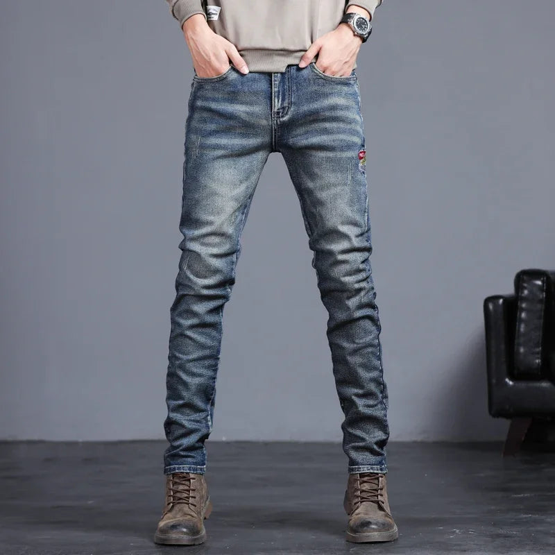 New Men's Vintage Jeans Korean Fashion Slim Little Feet Embroidered Trousers Stretch Male Streetwear Denim Pants.