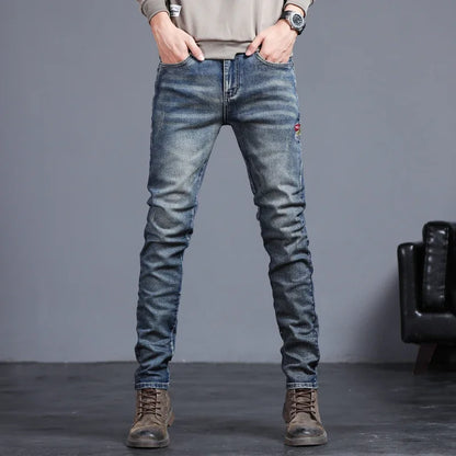 New Men's Vintage Jeans Korean Fashion Slim Little Feet Embroidered Trousers Stretch Male Streetwear Denim Pants.