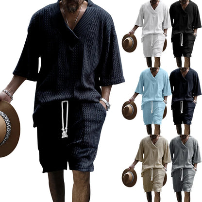 2024 Summer New Men's High Street Casual Loose Jacquard Sportswear V-Neck Short Sleeve Shorts Men's Fashion Suit