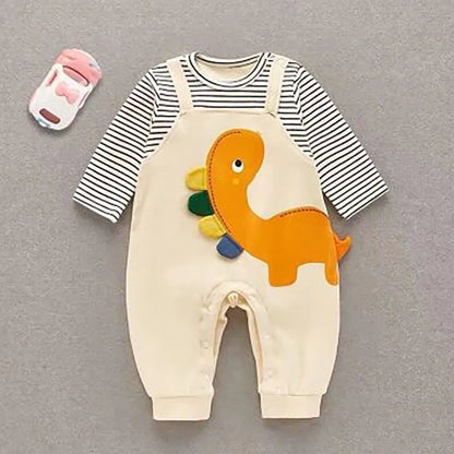 2024 herbst Baby Kleidung Neugeborenen Overall Infant Jungen Falsche 2 Stücke Streifen Patchwork Strampler Kleinkind Cartoon Dinosaurier Ein Stück.