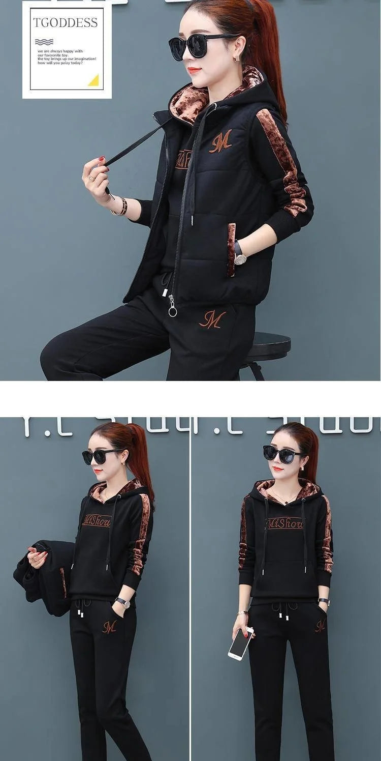2024 Autumn Winter New Women's Casual Sweat Suit Fashion Plush Thickened Hooded Tops Waistcoat Pants 3 Three Piece Set For Women.