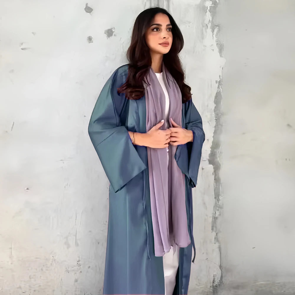 Girl Muslim Palestine Kaftan Dress Open Satin Kimono Pink Abaya Women Dubai Clothing Kebaya Robe Caftan Marocain Femme Musulmane.