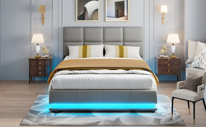 Anajqaqia Polsterbettgestell mit LED-Beleuchtung, 140 x 200 cm, mit hydraulischem Stauraum, Grau