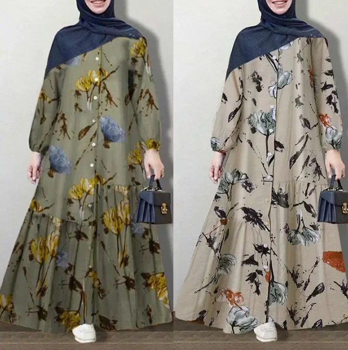 Muslim Women Abayat Cotton Linen Long Sleeve Abaya Femme Fashion Loose Casual Floral  Dress Europe America Middle East Arab.