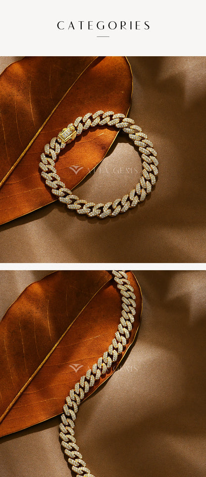 ATTAGEMS DVVS1 Full Moissanite Cuba Chain for Man Women 925 Sterling Silver 18k Gold Plated Hip Hop Tennis Bracelet Fine Jewelry.