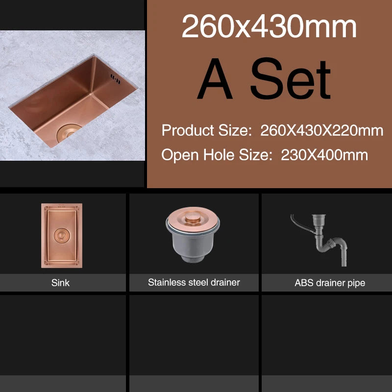 Rose Gold Kitchen Sink Nanometer Technology Gold 4mm thickness 304 Stainless Steel Manual Sink Single Bar Counter Kitchen Sink