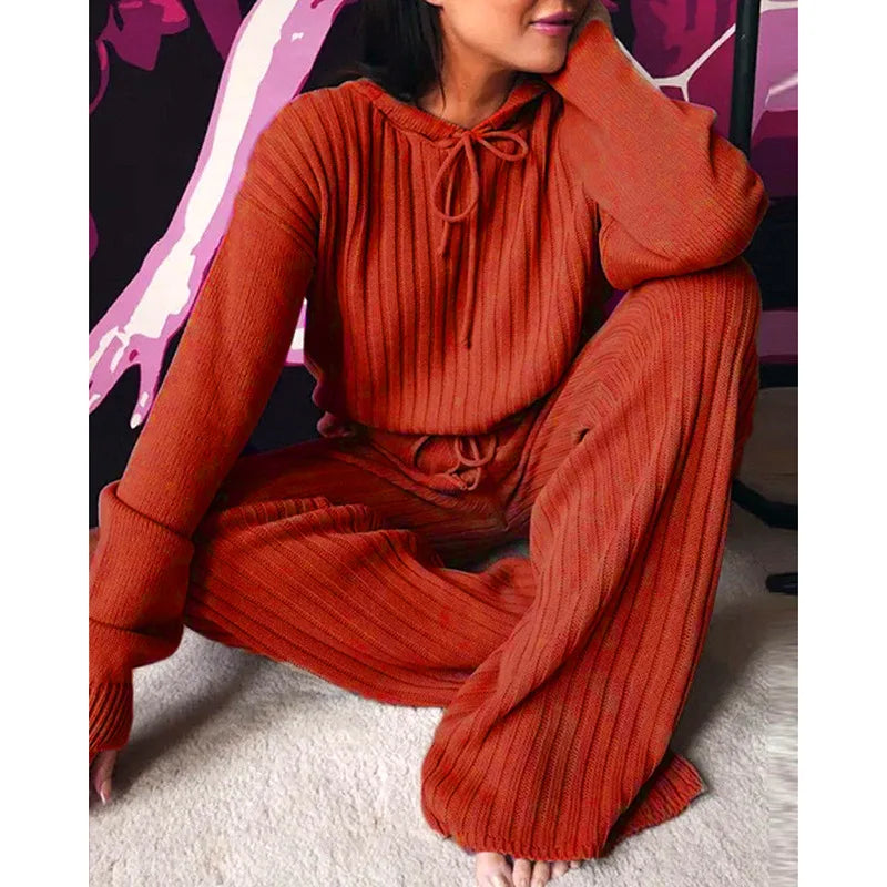Autumn New Knitted Cotton Sliver Hooded Women's Long Pants Suit Casual Fashion Drawstring Lace Up Pants Female 2 Piece Set 2025.