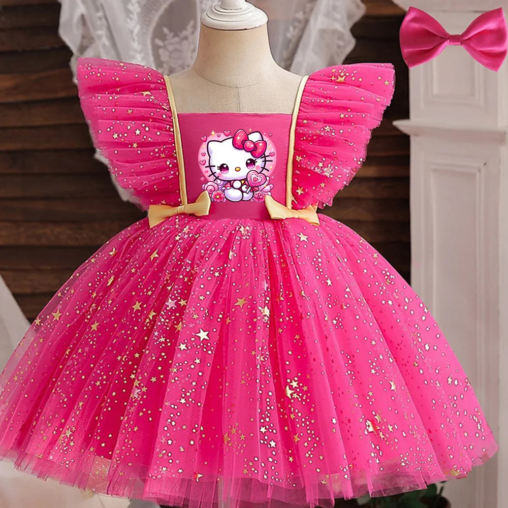 Hello Kitty Prinzessinnenkleid für Mädchen, Pailletten, Stern, Rüschen, Schleife, Tutu-Kleid, Baby, formelles Gala-Abschlussballkleid, Kinder-Abendparty-Kostüm