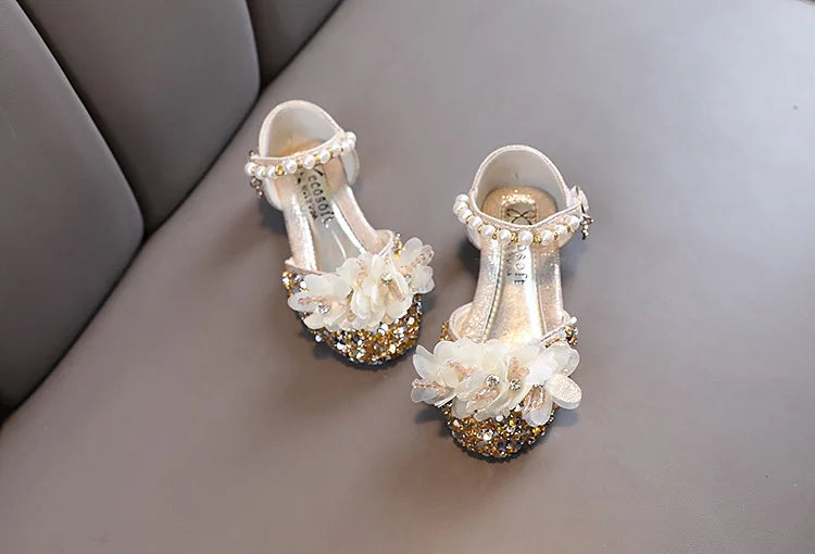Fashion Children's Sandals 2024 Spring Summer Shining Flowers Sweet Girl Princess Shoes Dance Performance Kids Sandals J191.