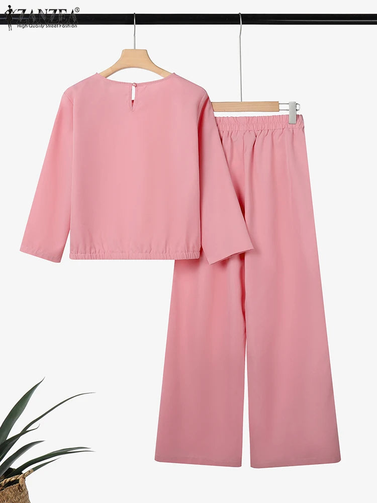 ZANZEA 2025 Women Autumn Matching Sets Solid Outfits Vintage Casual O Neck Long Sleeve Tops Pant Sets Fashion OL Work Tracksuit.