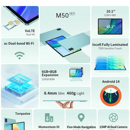 Teclast M50 Tablet 6GB RAM 128GB ROM Unisoc T606 Octa-core 10.1inch TDDI Android 14 WiFi BT5.0 6000mAh Type-C Tablet Case.