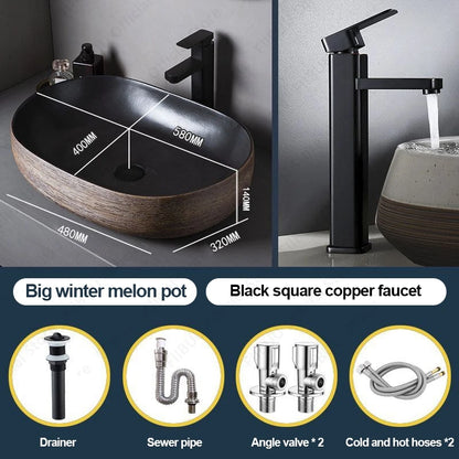 Braunes Porzellan-Keramik-Waschbecken über der Theke, Waschtisch, Schüsselbecken, Badezimmer, Sanitär, Balkon, Tisch, Waschbecken, Arbeitsplatte, ovales Waschbecken