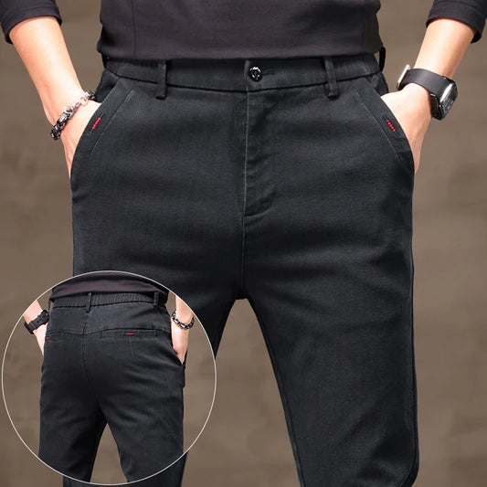 Men's Business Casual Pants Stretch Slim Fit Straight Semi-elastic Waist Trousers Solid Classic Office Work Male Clothing.