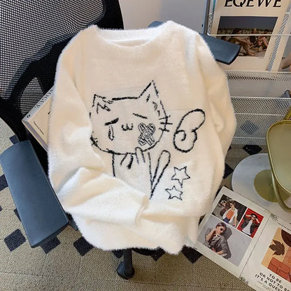 Vintage Preppy Kawaii Cartoon Jacquard Pullover Süße Harajuku Lose Grunge Pullover Y2k Ästhetische Frauen Weiße Gestrickte Pullover