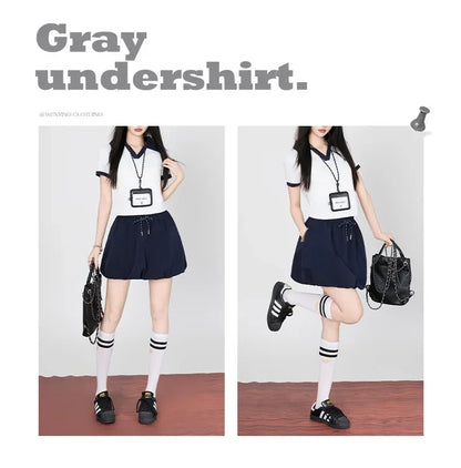 Korean College Style Half-length Shorts Floral Pants White Short-sleeved Set 2025 Versatile New Model Cotton V-neck T-shirt.