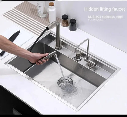 Hidden Stainless Steel Kitchen Sinks Modern Kitchen Accessories with Cover Kitchen Sink Dish Drainer Light Luxury Single Tank L