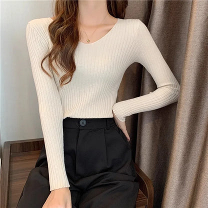 2025 einfarbig Schlank Pullover Koreanische Herbst Winter V-ausschnitt Pullover Mode Lässig Langarm Gestrickte Pullover Frauen Kleidung