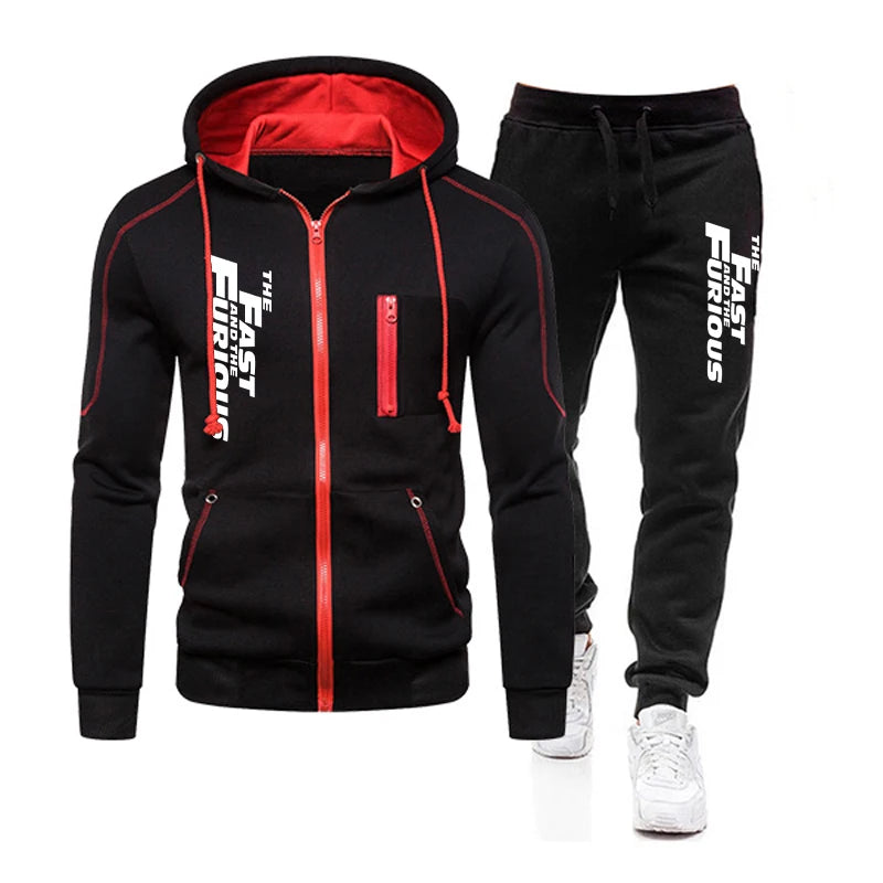 Autumn Winter Popular Mens Tracksuit Zipper Hooded Jacket+Running Pants 2 Piece Set Fast and Furious Print Casual Coat Clothing.