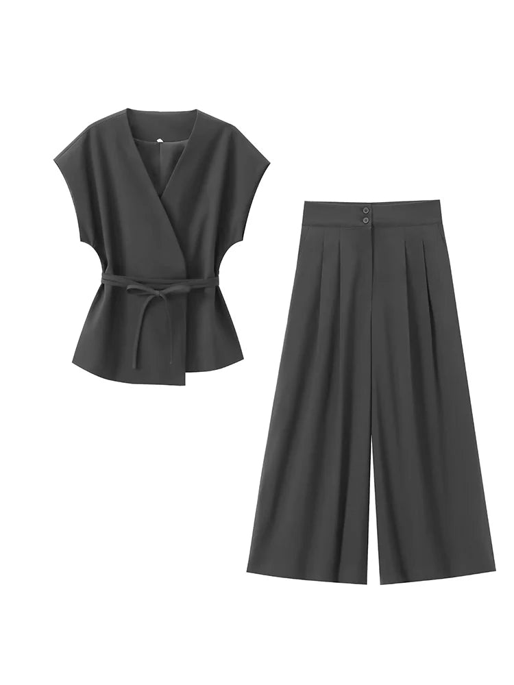 TFMLN Fashion Women's Trouser Suits Sleeveless V-Neck Top With Belt Straight Pants Sets 2025 Spring Summer Commuter 2 Piece Set.