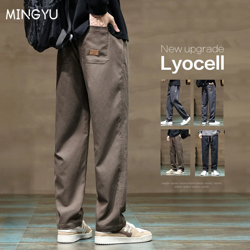 Brand Clothing New Soft Lyocell Fabric Pants Men Thick Loose Straight Drawstring Elastic Waist Korea Casual Cargo Trousers Male.