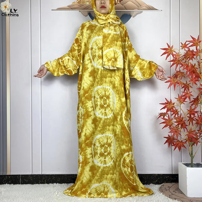 New Muslim Long Sleeved Cotton For Women Ramadan Prayer Turkey Middle East Femme Robe Floral Loose African Abaya Dress Scarfs