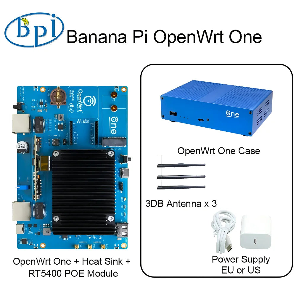 Banana Pi OpenWrt One MediaTek MT7981B 1GB DDR4 2.5GbE RJ45 and Gigabit Ethernet RJ45 256 MiB SPI NAND Open Source Smart Router.