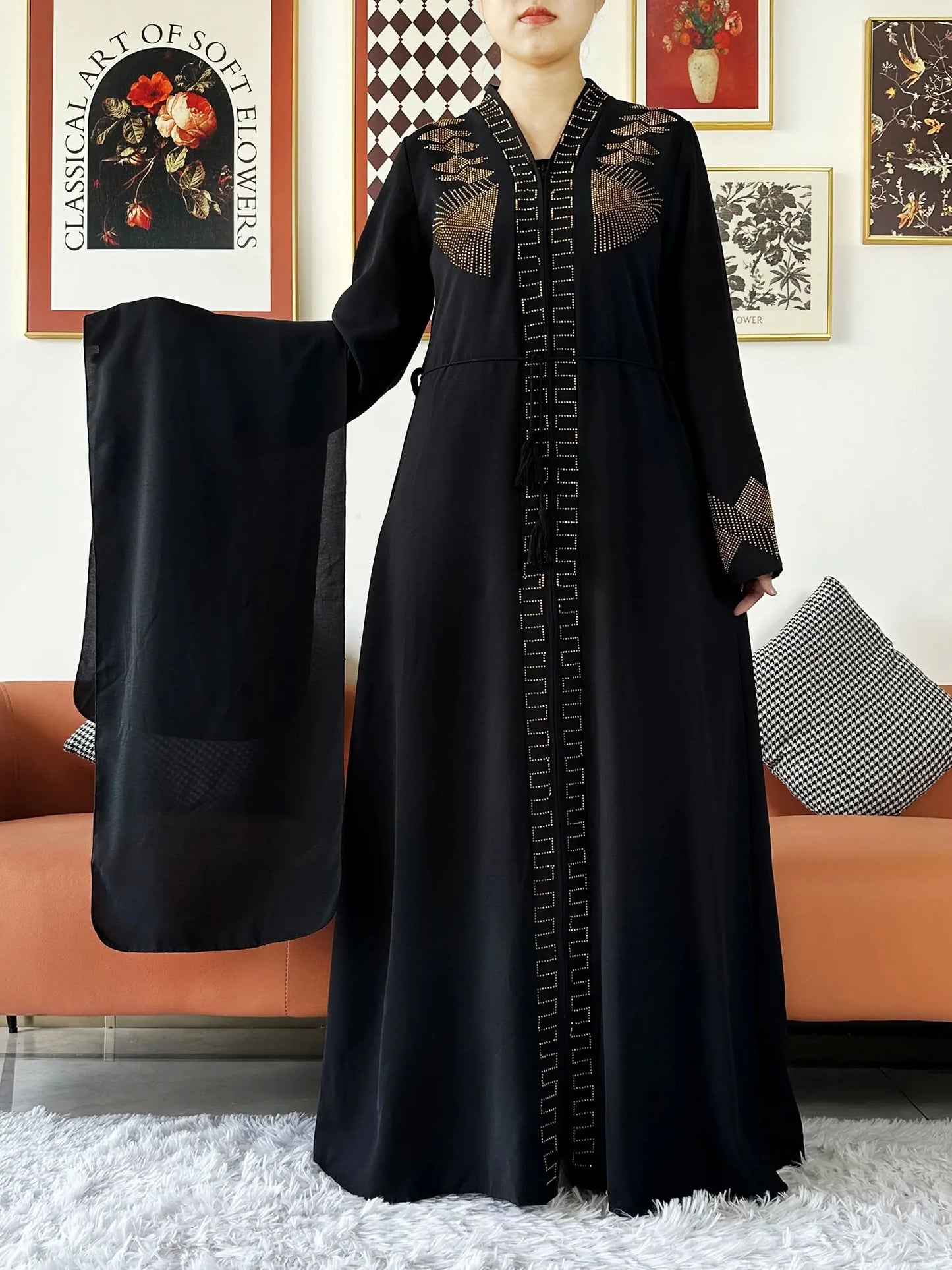 New Women Elegant Dress Chiffon Open Abaya with Zipper Muslim Women Dress Islamic Clothing Cardigan Abaya Women Muslim Dress.