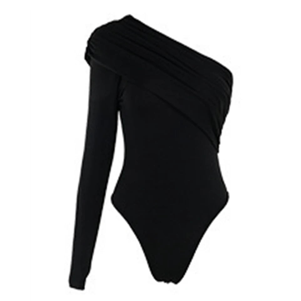 Solid Color Casual Temperament Commuter Asymmetrical Design With Sloping Shoulders Long-sleeved Tops Jumpsuits are Sexy Summer.