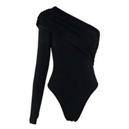 Solid Color Casual Temperament Commuter Asymmetrical Design With Sloping Shoulders Long-sleeved Tops Jumpsuits are Sexy Summer.