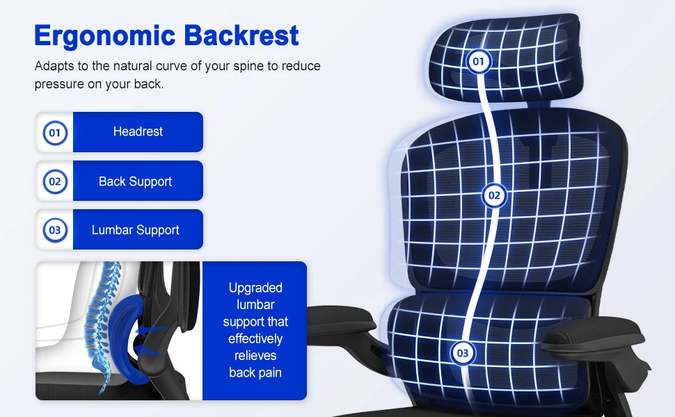 AUTHMIC Ergonomischer Bürostuhl -135 °   Liege- und höhenverstellbarer Sitz, klappbare Armlehnen, verstellbare Kopfstütze, Heimbürostuhl