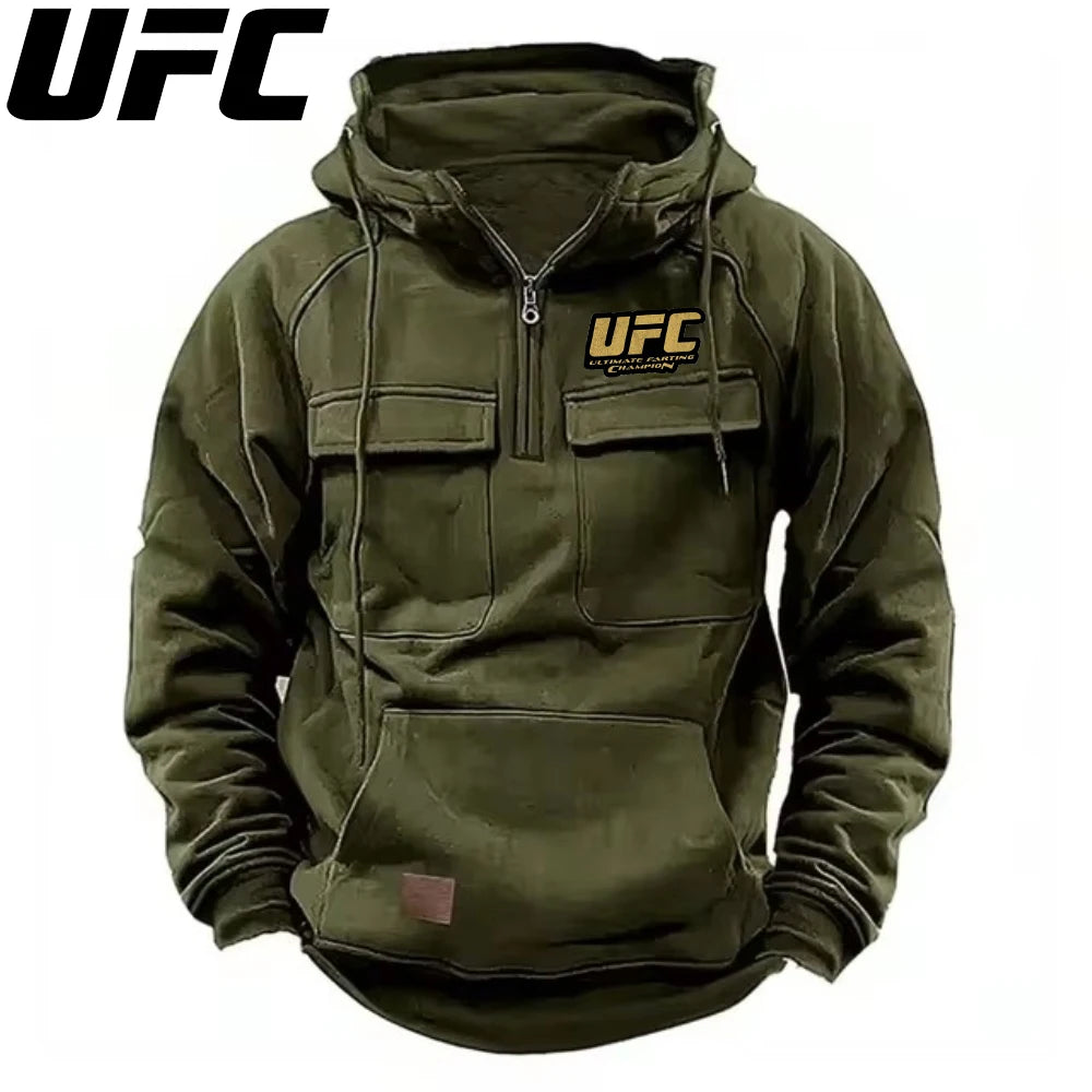 UFC Autumn Winter Men's Hooded Solid Hoodies Sweatshirts Sports Outdoor Casual Hoodie Coat Jackets Multi Pockets Male Zipper.