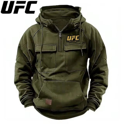 UFC Autumn Winter Men's Hooded Solid Hoodies Sweatshirts Sports Outdoor Casual Hoodie Coat Jackets Multi Pockets Male Zipper.