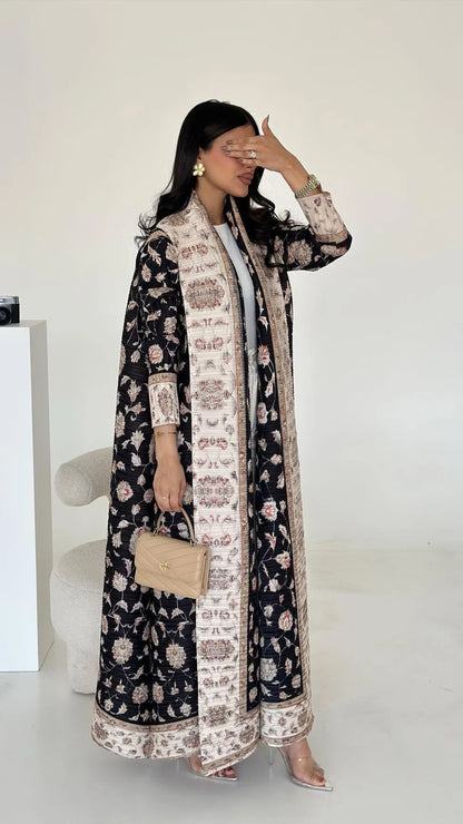 Abaya Miyake Pleated Printed Robe Jacket Arabian Dubai Style Women's Long Sleeve Conservative Demure Muslim Trench Coat 55inches