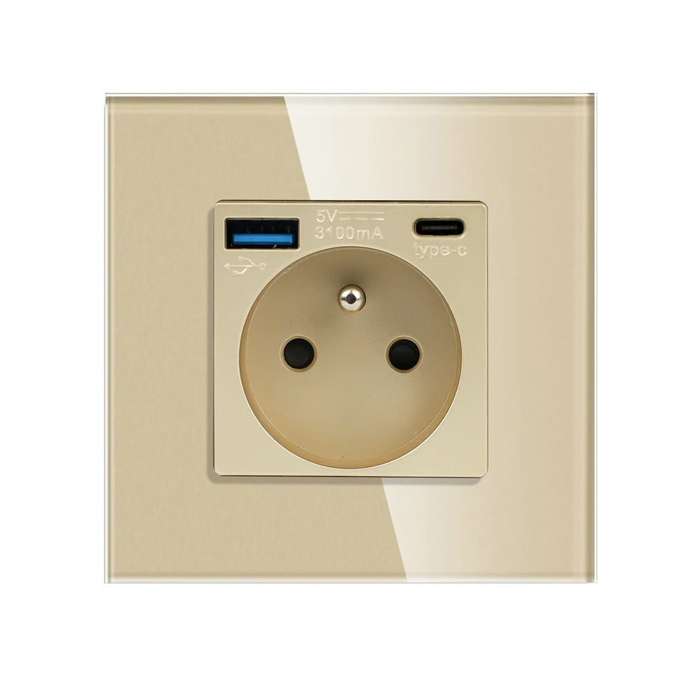 Frankreich Standard Doppelsteckdosen Französische Typ-C-Steckdosen 110-250 V Glasscheibe USB-Ladeanschluss Elektrischer Stecker Heimwerker.