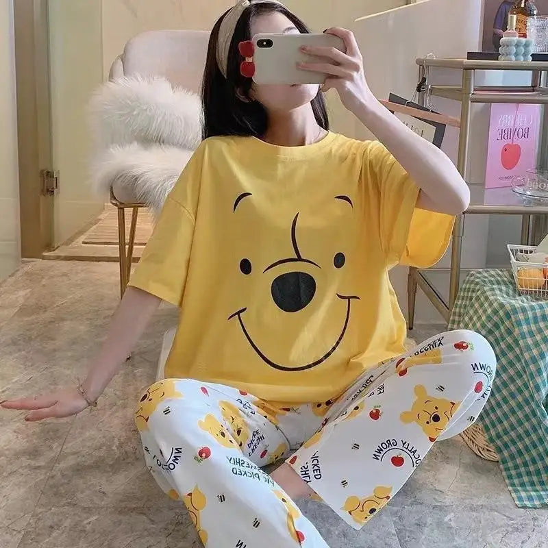 Sommer Pooh Bär Nachtwäsche frauen Lose Bequeme Cartoon Print Hause Kleidung Set Kurzarm Nachthemd Mickey Pyjama Set.