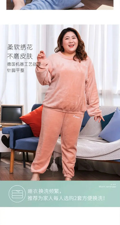 Winter Pajamas Coral Fleece Warm Pajamas Set Thick Long Sleeve Large Size 85kg Outside Pajamas Elastic Waist Trousers Pajama Set.