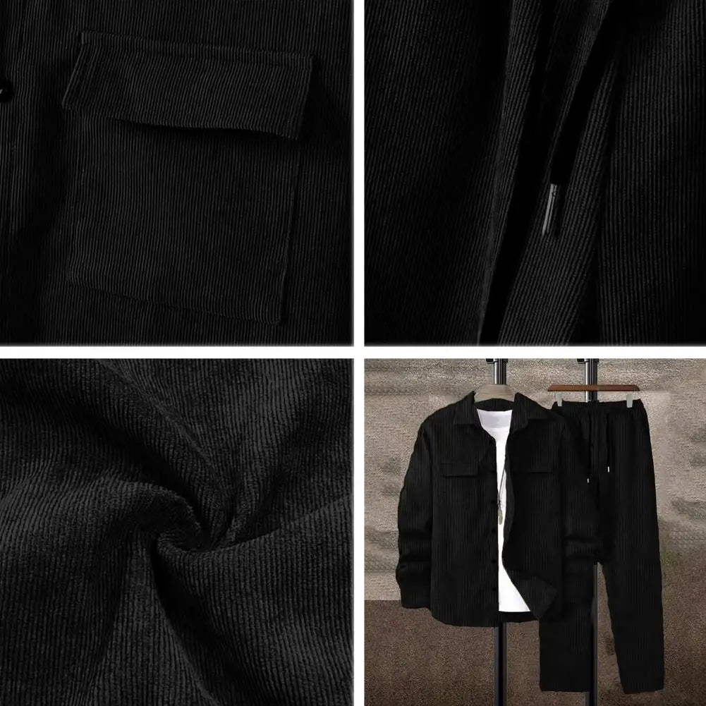 Long-sleeved Jacket Trousers Set Versatile Sportswear Outfit Men's Lapel Long Sleeve Sportwear Set with Flap for Athletes.