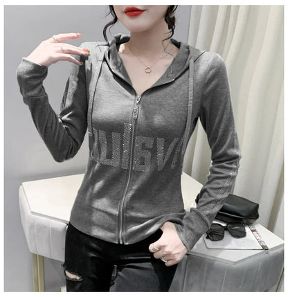 #7937Black Grey Women Hoodies Sweatshirt Tops Pullovers Diamonds Letters Slim Streetwear Short Hoodies Woman Zipper Korean Style.