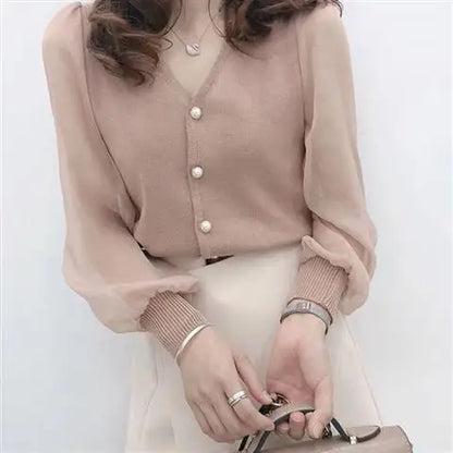clothe Women's Spring Autumn Style Chiffon Blouses Shirt Women's Knitted Button Long Sleeve Solid Color Lace Patchwork Tops.