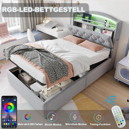 KOMHTOM Kinder Polsterbett 90x200 cm Samt Einzelbett, Multifunktionsbett mit Stauraum, LED und USB