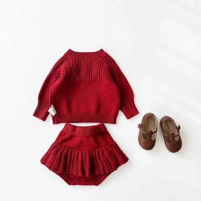 Babykleidungsset 2025, Herbst und Winter, neuer Baby-Strickanzug, Handhaken, Ballpullover + Blasenball-Rock, Hose.