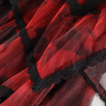 Irregular Hem Lace Cake Mesh Midi Long Skirt High Elastic Waist Ball Gown Harajuku Gothic Cosplay Maxi Skirts Red Party Skater.