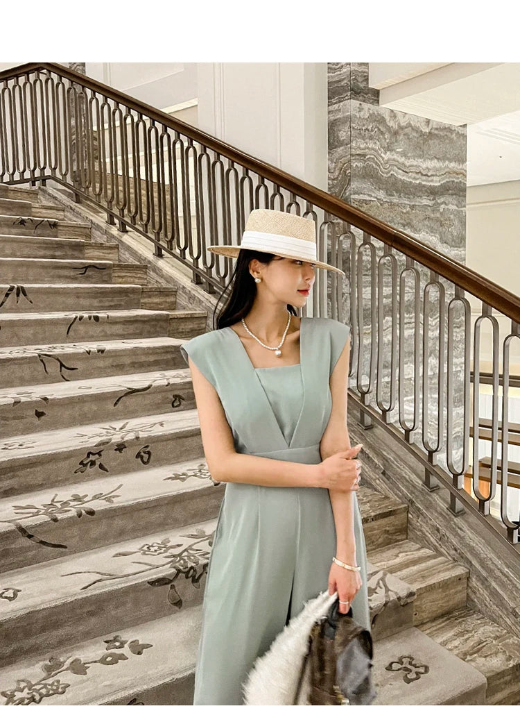 H Han Queen Summer Elegant Business Jumpsuits Women Simple Wide Leg Long Playsuits Korean Sleeveless Casual Rompers Office Lady.