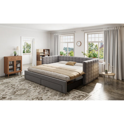 3-in-1 ausziehbares Schlafsofa 90 x 190 cm, Multifunktionsbett mit Schubladen, Einzel-/Doppelbett, Baumwolle und Leinen (Matratze nicht im Lieferumfang enthalten)