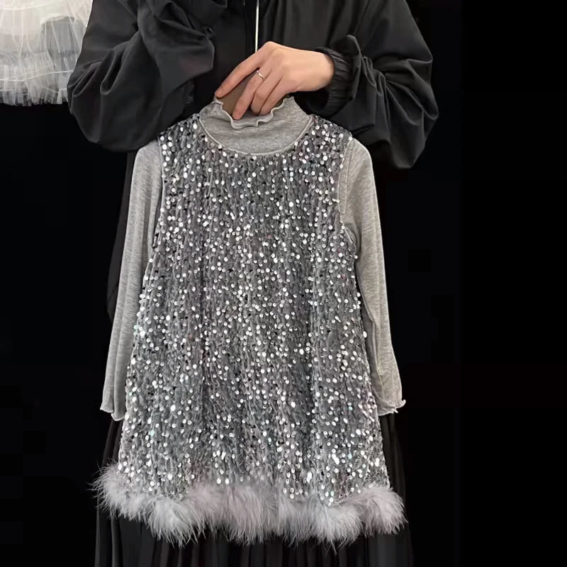 Pailletten Mädchen Prinzessin Kleid Grau Rundhals Ärmellose Feder Weste Kleid Kinder Geburtstag Party Kleid Performance Kleid.