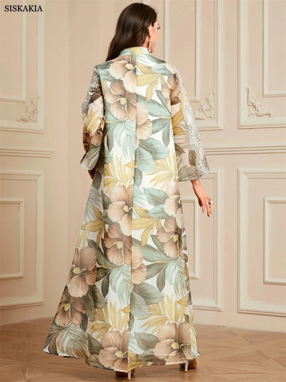 Siskakia Ramadan Dubai Floral Print Long Dress Sequins Patchwork Abayas Mesh Kebaya For Muslim Women's Casual Loose Clothing.