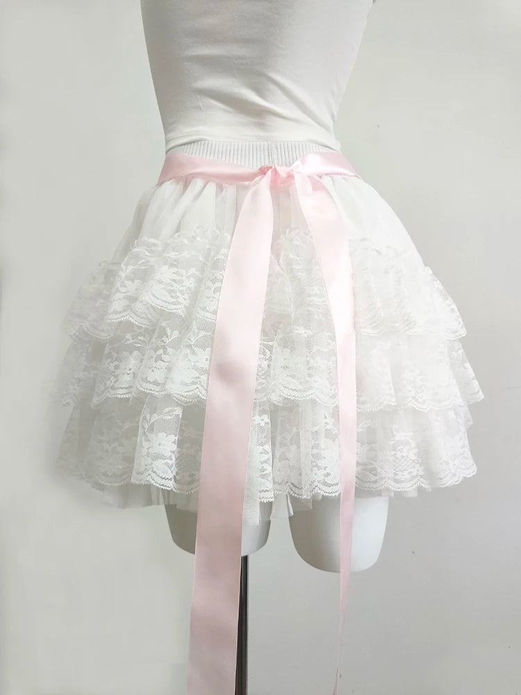 Multilayered Lace Skirts for Sweet Girls Summer Ribbons Bows Decoration Elastic Waist Lolita Style White Skirt Kawaii Clothes.